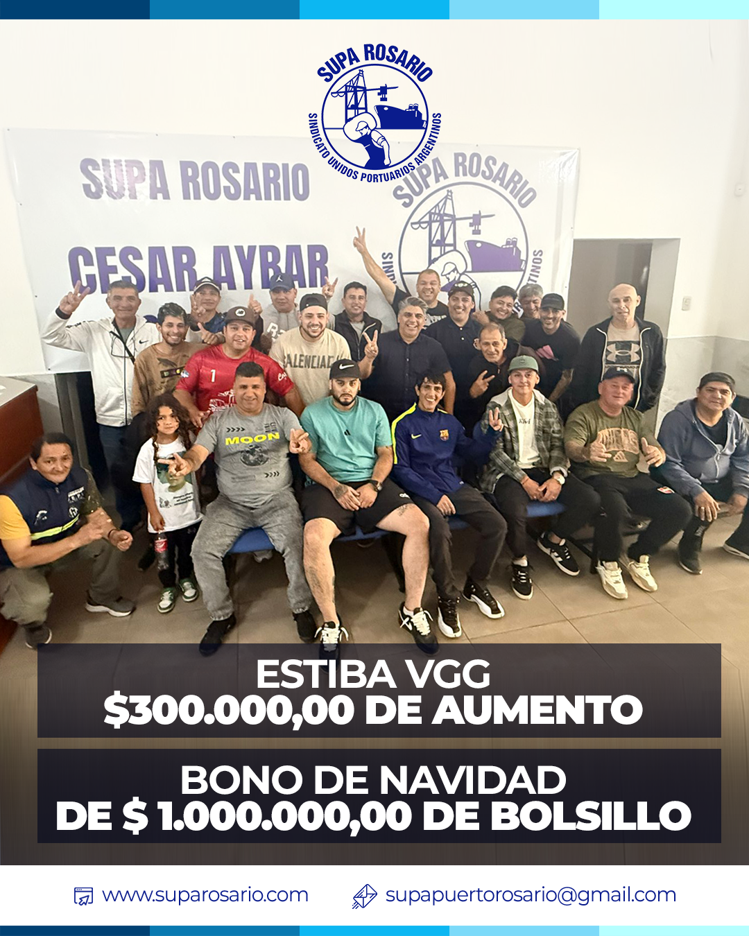Trabajadores portuarios celebrando aumento salarial y bono de Navidad