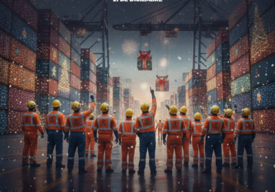 Estibadores portuarios celebrando la Navidad