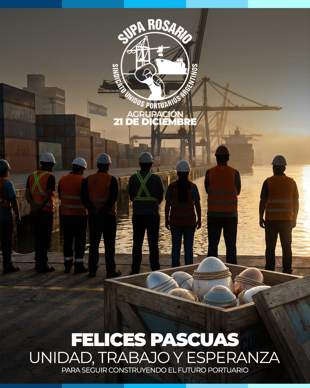 Trabajadores portuarios celebrando Pascuas
